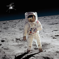 photo of Buzz Aldrin on the moon with drone hovering in the background