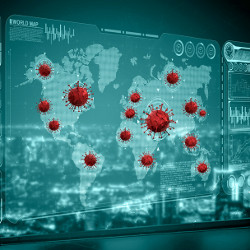 coronavirus molecules on world map, illustration