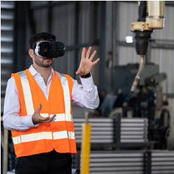 robotic arm and worker wearing VR goggles