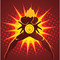 superhero with hands around security icon, illustration