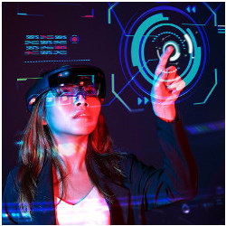 woman wearing AR goggles points to a projected display