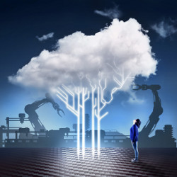 woman stands under a cloud in an industrial landscape, illustration