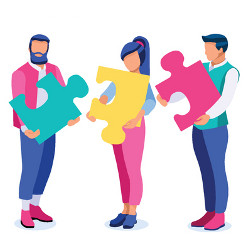 people holding oversized puzzle pieces, illustration