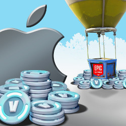 V-Bucks surround Apple logo and hot-air balloon with Epic Games logo