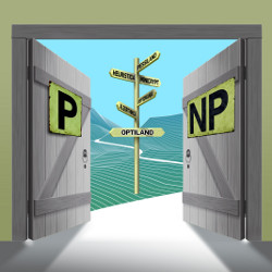 direction sign in front of two open doors marked P and NP respectively