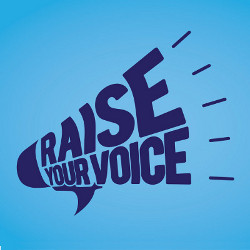 the words 'Raise Your Voice' in the shape of a bullhorn