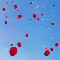 red and white balloons in flight