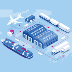 jet, ship, train cars, and trucks at transportation hub, illustration