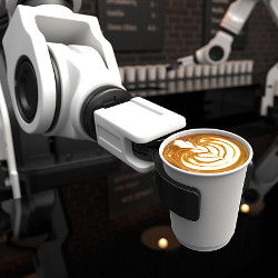 robotic arm holding a cup of coffee with coffee foam art