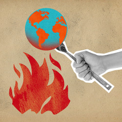 hand holds a globe on a fork over a fire, illustration