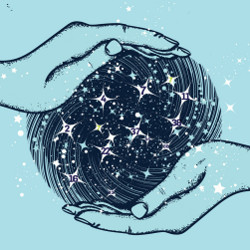 two hands hold a globe of the universe, illustration