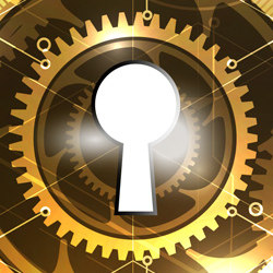 gold gear encircles a white key hole, illustration