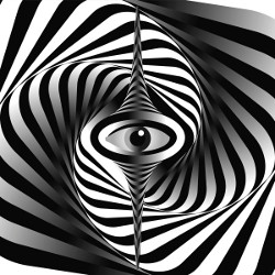 eye on surrealist zebra-striped background