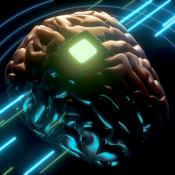 computer chip embedded into a human brain, illustration