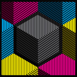 black cube surrounded by other colored cubes, illustration