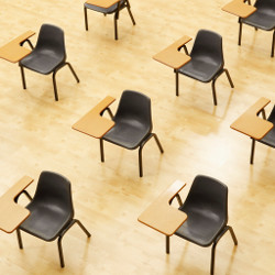 desks in an empty classroom