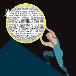 Sisyphus pushing a boulder of binary digits up a hill, illustration
