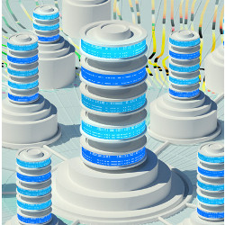 colorful towers resembling data storage platforms, illustration