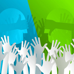 multiple hands raised in front of a blue and green background, illustration
