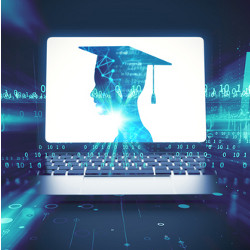student in a graduate's cap on a laptop computer display, illustration