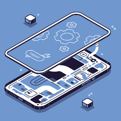 open smartphone with internals visible, illustration