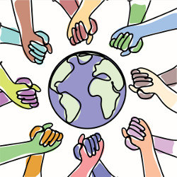 joined hands of various colors encircling the globe, illustration