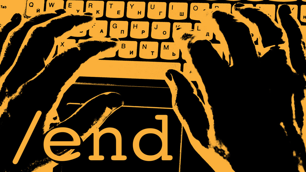 hands on a keyboard with text "/end" in foreground, illustration