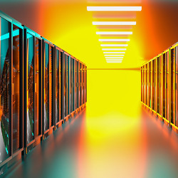 bright light behind a row of computer servers, illustration