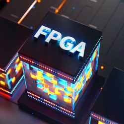FPGA initials on top of a 3D block of circuitry