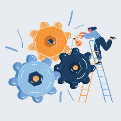 figure on ladder oiling giant gears, illustration