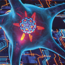 neuron floating above a circuit board, illustration