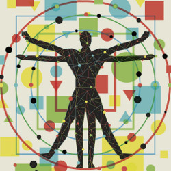 modernized Vitruvian Man on colorful geometric background, illustration