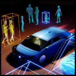 phantom figure sits inside autonomous vehicle surrounded by human figures, illustration
