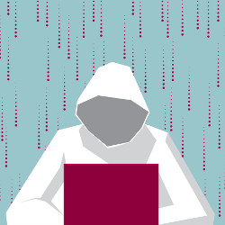 faceless figure wearing a hoodie in front of a laptop computer, illustration