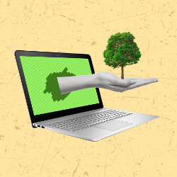 hand with a tree in its palm extends from the green screen of a laptop computer, illustration
