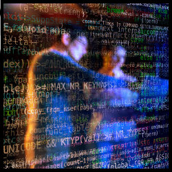 two programmers stand in front of a window filled with computer code