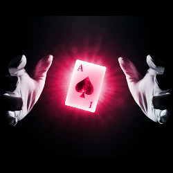 white gloved hands around a floating, red ace of spades