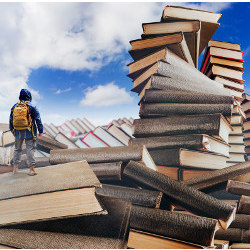 person wearing a backpack standing on a mountain of oversized books