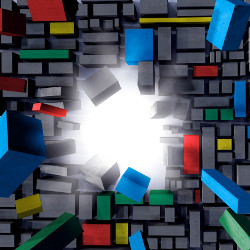white light behind a broken wall of gray and Google-colored blocks, illustration