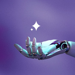 robotic hand and two four-pointed white stars
