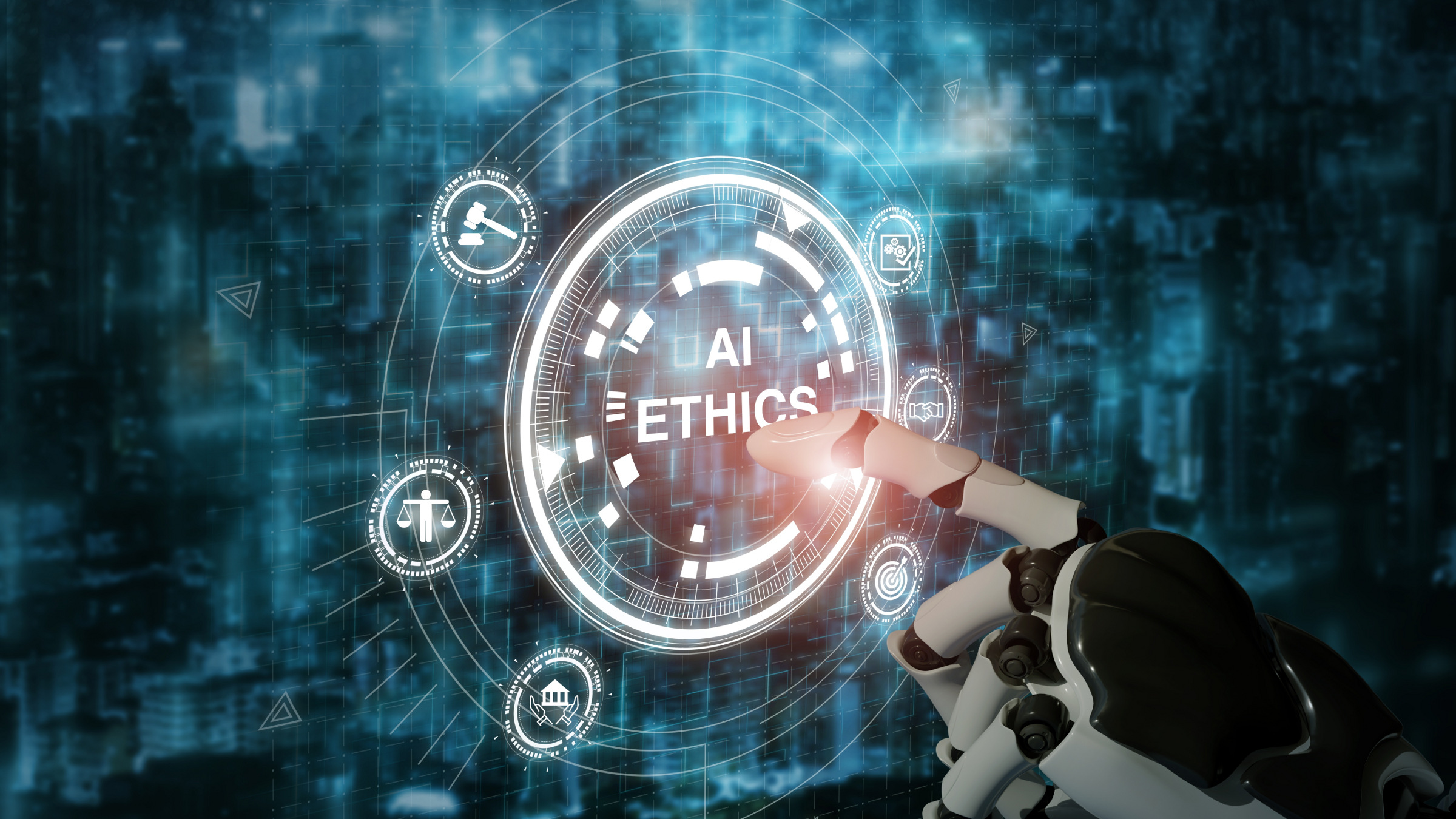 Credit: Shutterstock humanoid robotic hand points to 'AI Ethics' button, illustration