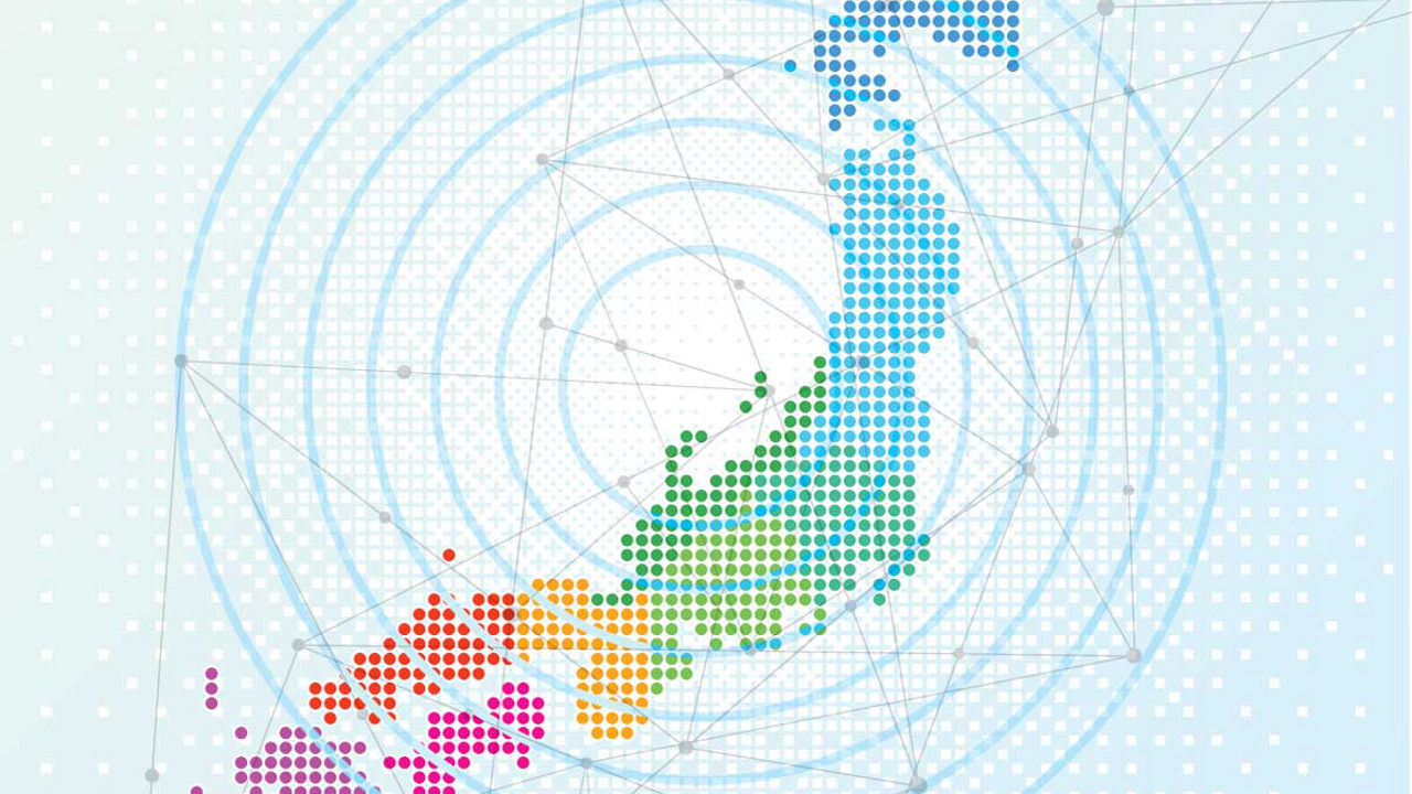 dot-based map of Japan on concentric rings, illustration
