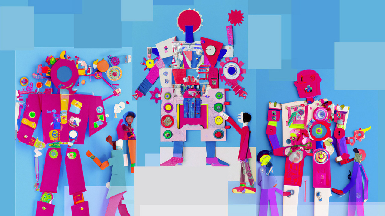 figures constructing robots with various images and shapes, illustration