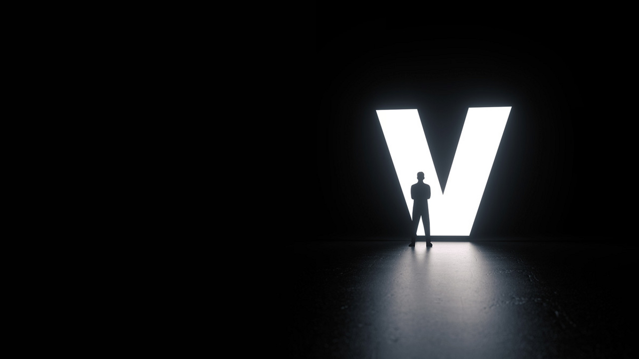 silhouetted figure in front of a lighted V on a black background, illustration