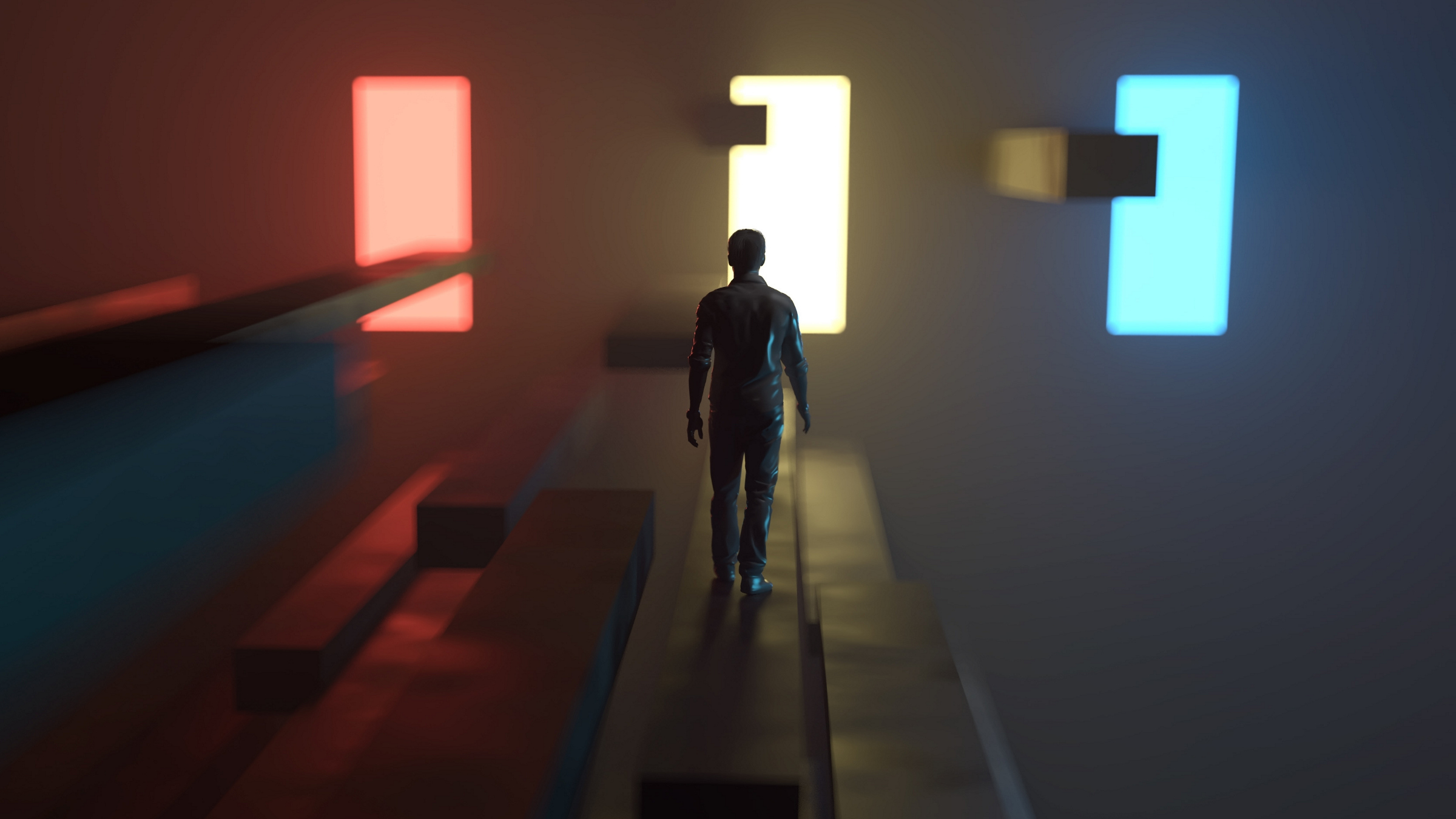 person walking towards three door-shaped blocks of light, illustration