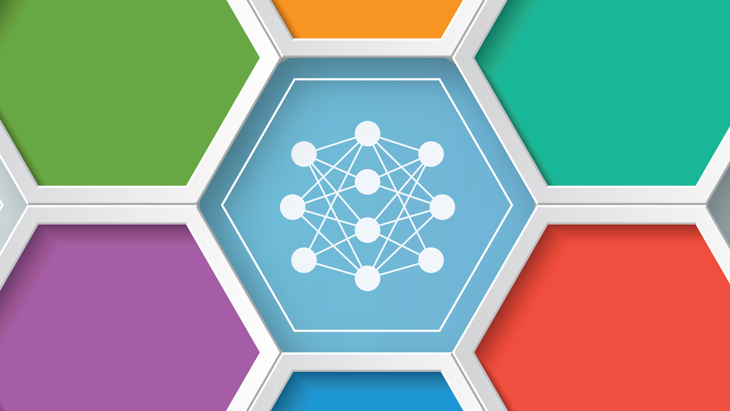 connected dot pattern surrounded by colored hexagons, illustration