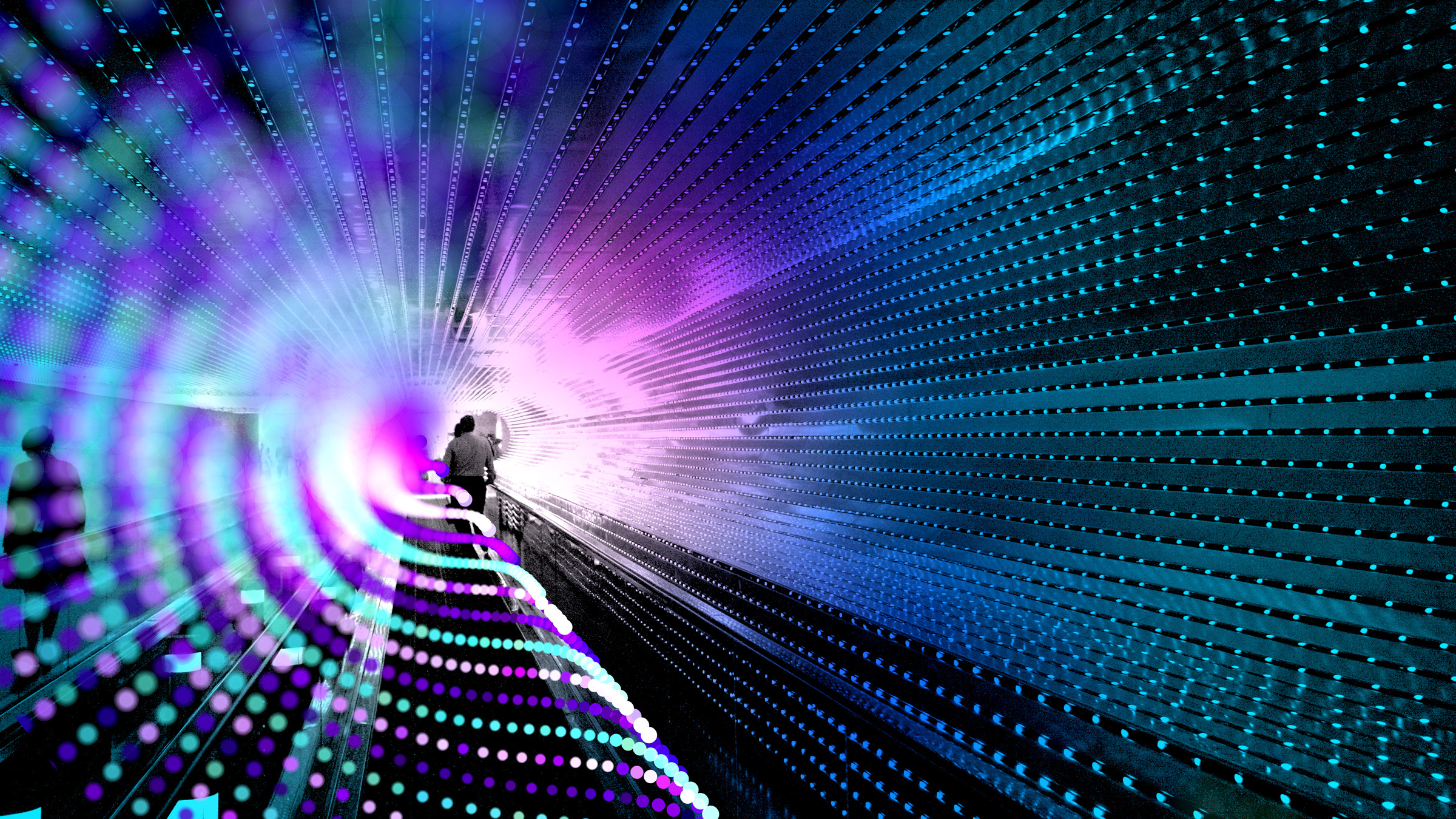 people on a walkway featuring colored bands of light, illustration