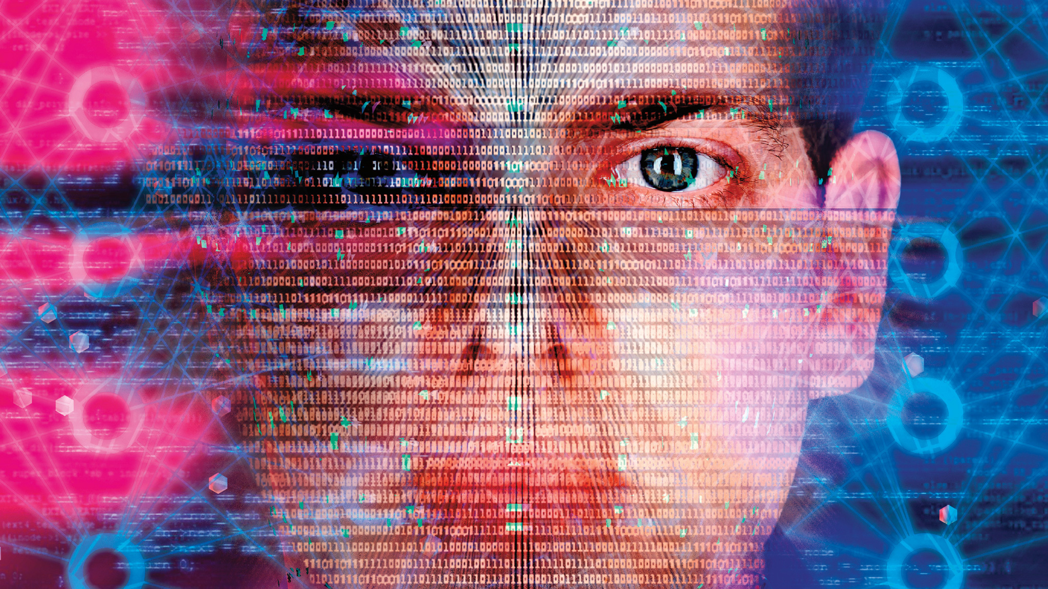 binary characters overlay a face seen in close-up, illustration