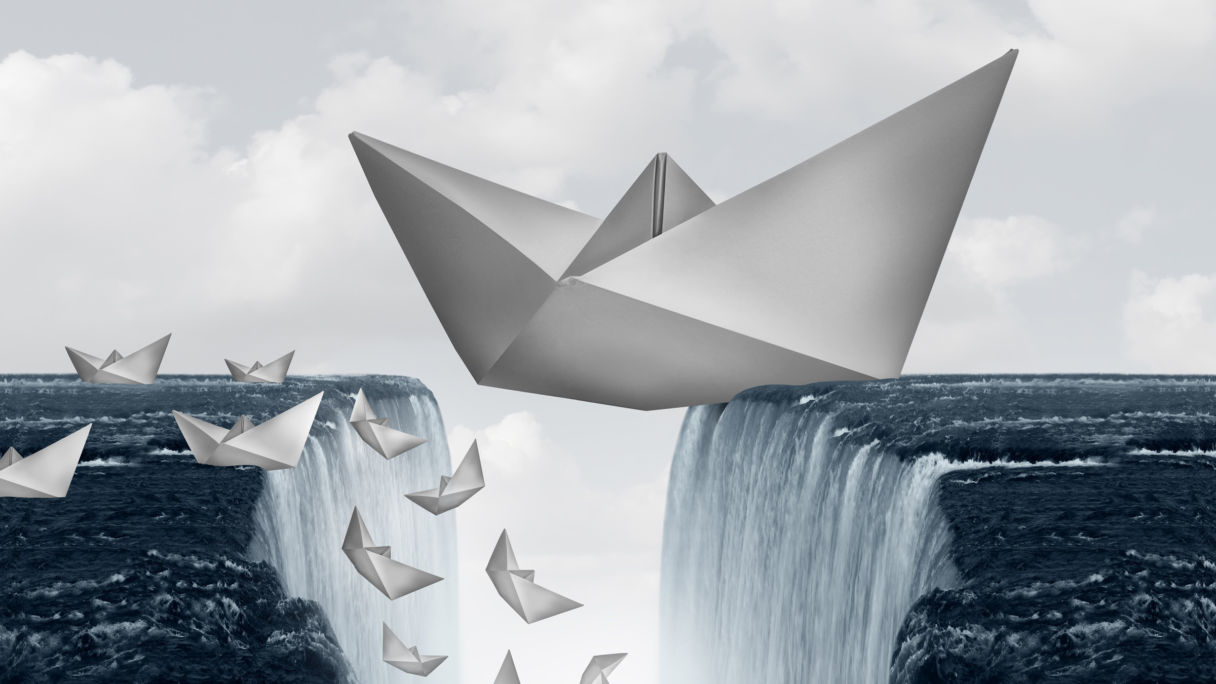 origami boats fall off a waterfall into a chasm, illustration