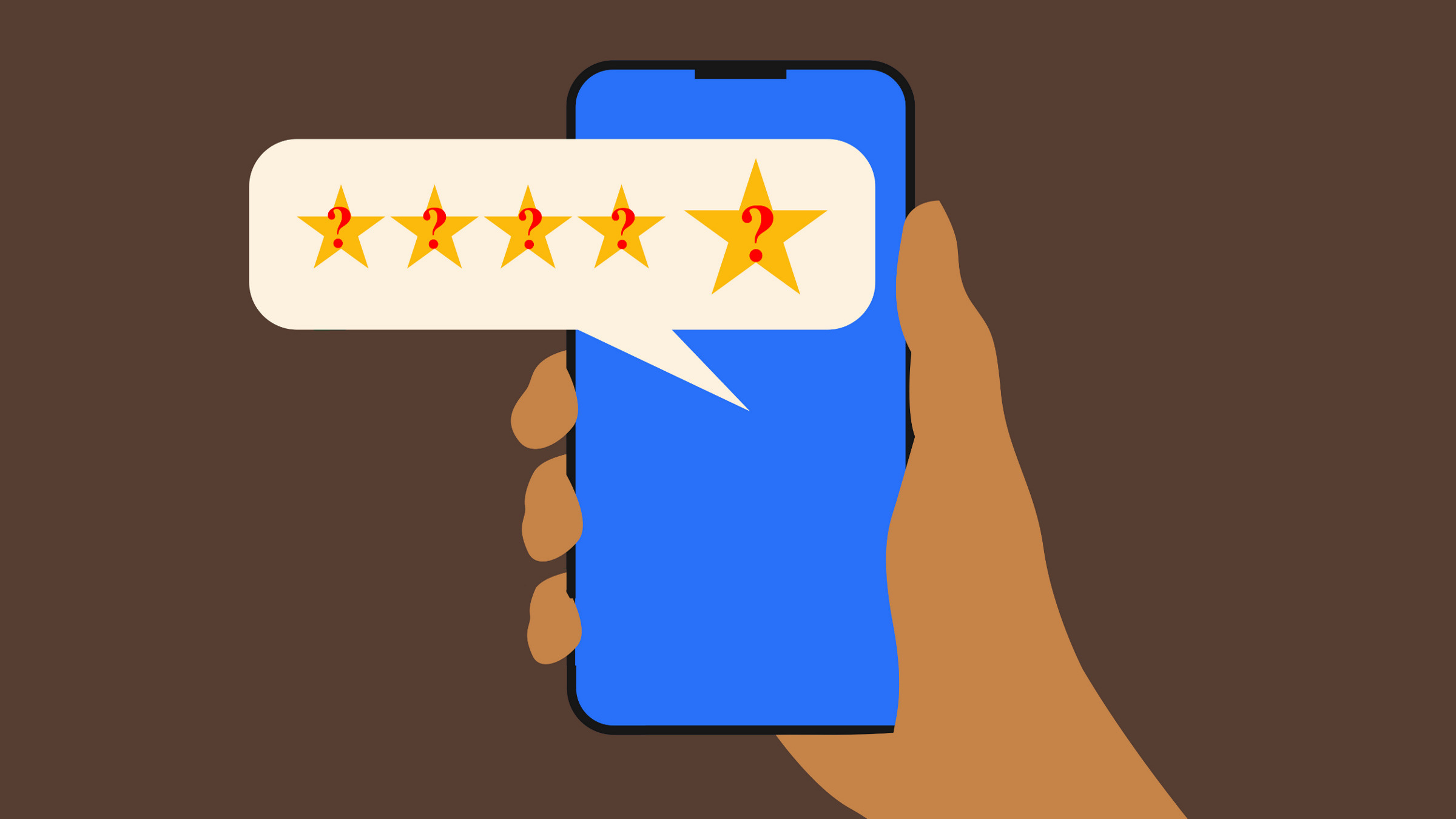 question marks on five stars of a review on a smartphone, illustration